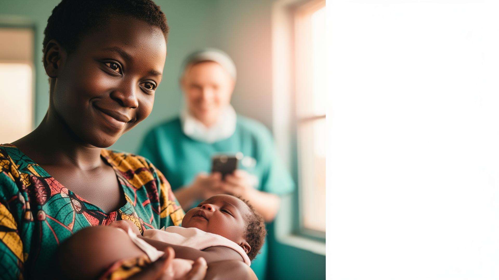 A mother in Cameroon holding her newborn while a community health worker uses MamiCare
